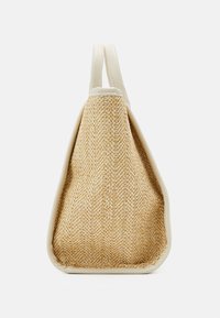 Tkany słomiany torebka o wzorze jodełki, z kremowymi akcentami z ekoskóry i zwężanym kształtem. Posiada dwa solidne uchwyty.