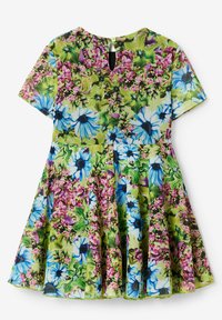Kwiatowa sukienka w zielony, niebieski i różowy wzór z krótkimi rękawami, plisowanym dołem oraz keyhole z tyłu z zapięciem na guzik.