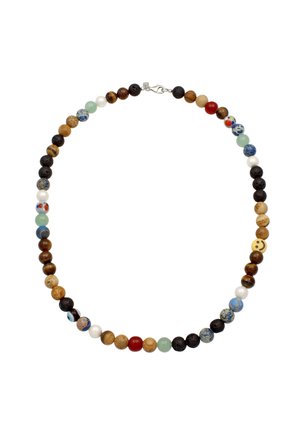 Buntes rundes Perlenhalsband mit Natursteinen, Holz, Lava und einer Smiley-Perle, befestigt mit einem silbernen Verschluss.