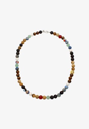 Buntes rundes Perlenhalsband mit Natursteinen, Holz, Lava und einer Smiley-Perle, befestigt mit einem silbernen Verschluss.