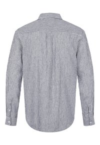 Camicia a maniche lunghe con pattern a righe, tessuto in cotone blu navy e bianco, vista posteriore che mostra un orlo curvo e polsini con bottoni.