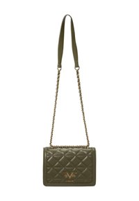 Olivgrüne, gesteppten Kunstleder-Crossbody-Tasche mit goldener Kettenriemen, ausgestattet mit einem goldfarbenen Logo-Akzent und rechteckiger Form.