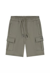 Kaki cargo shorts met een elastische tailleband, trekkoord en twee zijzakken. Bevat twee cargozakken op de dijen en stiksels.