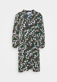 Vestito a portafoglio floreale con sfondo nero, fiori bianchi e azzurri chiari, foglie verdi, maniche a tre quarti e vita regolabile con laccio.