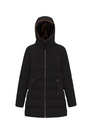Cappotto in piuma nero con collo alto, chiusura a zip, due tasche anteriori e cappuccio foderato in marrone. Il tessuto appare liscio e trapuntato.