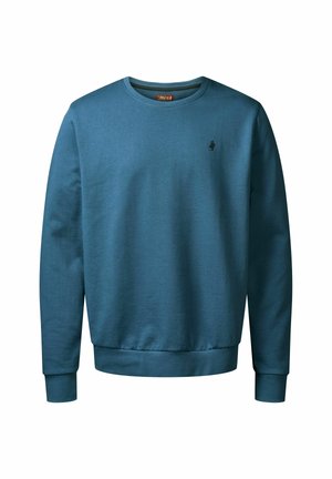 Tealfarbener Pullover-Sweatshirt aus weichem Baumwollmix. Mit gerippten Bündchen und Saum, Rundhalsausschnitt und kleinem schwarzen Logo auf der Brust.
