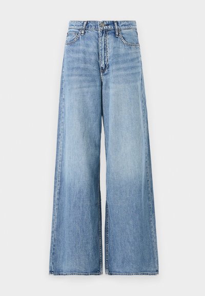 Lichtblauwe wijde jeans van denim. Heeft een hoge taille, grote uitlopende pijpen en standaard vijf-pocket styling met metalen details.