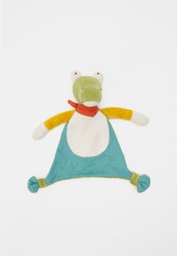 Soft toy in green and blue, featuring a frog head with white eyes, orange scarf, and yellow arms. Body resembles a blanket with knotted ends.