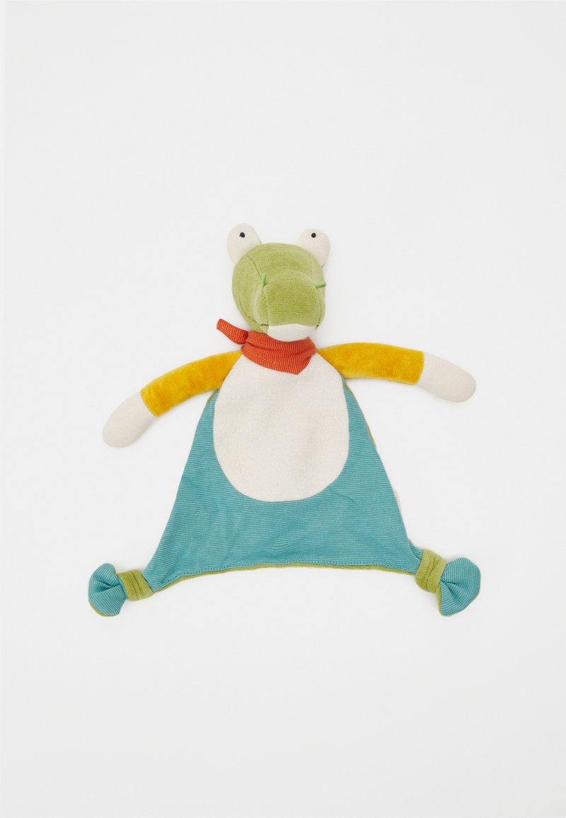 Soft toy in green and blue, featuring a frog head with white eyes, orange scarf, and yellow arms. Body resembles a blanket with knotted ends.
