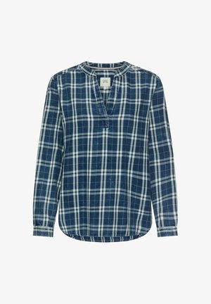 Blau-weiß kariertes Hemd mit langen Ärmeln, Stehkragen und V-Ausschnitt, aus weichem Stoff, im lässigen Stil.