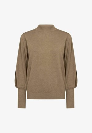 Brauner, gestrickter Pullover mit hohem Kragen, langen Ärmeln und gerippten Bündchen. Der Stoff wirkt weich und hat eine glatte Textur.