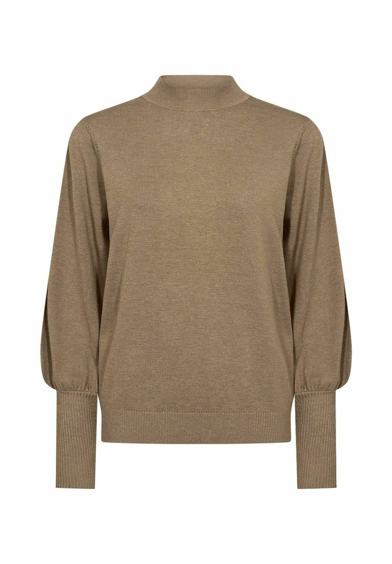 Pull en tricot marron, à col montant, avec des manches longues et des poignets côtelés. Le tissu semble doux et a une texture lisse.