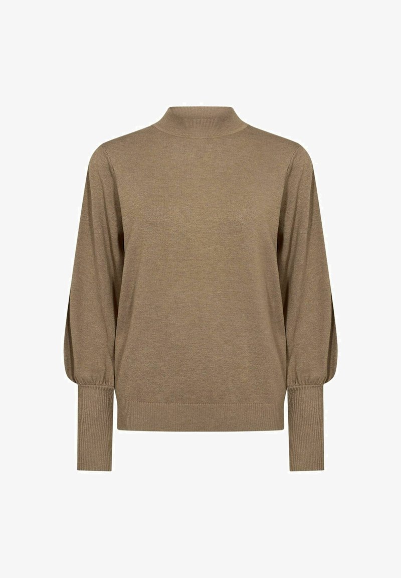 Rjav pleten pulover s visokim ovratnikom, dolgimi rokavi in rebrastimi manšetami. Tkanina se zdi mehka in ima gladko teksturo.