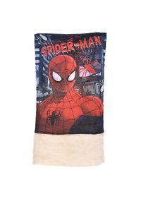 Rood en blauw fleece dekentje met Spider-Man afbeelding, zachte witte fleece onderrand, urban achtergrondontwerp, zwart-witte spinmotieven.