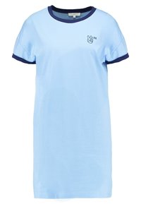 Jasnoniebieska bawełniana sukienka w kształcie T-shirtu z granatowym wykończeniem i krótkimi rękawami. Na piersi haftowany mały znak pokoju oraz logo "LEE".