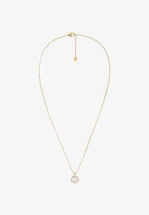 Zelta ķēdes kaklarota ar apaļu baltu piekari, gludu virsmu un skavām, kuras garums ir regulējams, piedāvājot daudzpusību.