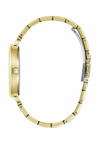 Auksinės spalvos metalinis laikrodis su apvaliu korpusu ir tekstūruotu rėmeliu, su grandinėlės apyranke ir sidabriniu užsegimu. Elegantiškas ir minimalistinis dizainas.
