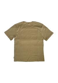 Khaki Baumwoll-T-Shirt, kurze Ärmel, Rundhalsausschnitt, glatte Textur, schlichtes Design, keine Verzierungen oder Muster, Etikett am Saum.