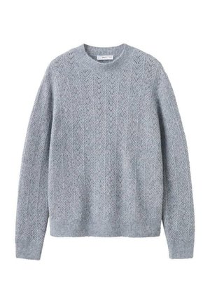 Pull en maille gris clair avec un motif en chevron texturé, encolure ronde et bords-côtes aux poignets et à l'ourlet. Matériau doux et chaud.