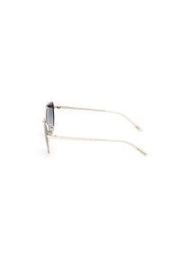 Gafas de sol de metal con lentes degradados, brazos delgados en blanco y acentos dorados en las patillas. Diseño minimalista y forma redondeada.