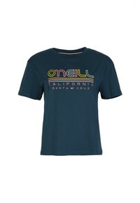 Camiseta de algodón de color teal oscuro con mangas cortas, escote redondo y estampado frontal en varios colores que muestra "O'Neill California Santa Cruz."