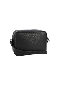 Borsa a tracolla in pelle nera con una superficie ruvida, forma rettangolare, chiusura con cerniera e tracolla regolabile. Design compatto per gli oggetti essenziali.