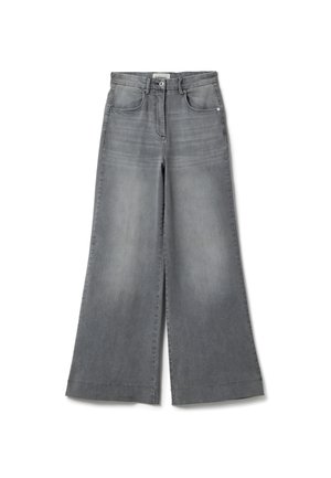 Grijze denim broek met brede pijpen, voorzakken, riemlussen, knoopsluiting en vervaagde details op de dijen en knieën.