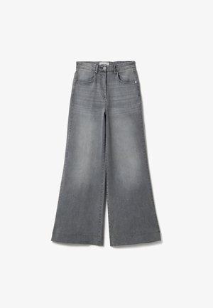 Gray denim wide-leg pants with front pockets, belt loops, button closure, and faded detailing on thighs and knees.