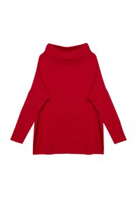 Czerwona bluzka z długim rękawem, wysokim, drapowanym kołnierzem i luźnym krojem. Gładka struktura i oversize'owe rękawy. Brak widocznych wzorów i elementów metalowych.