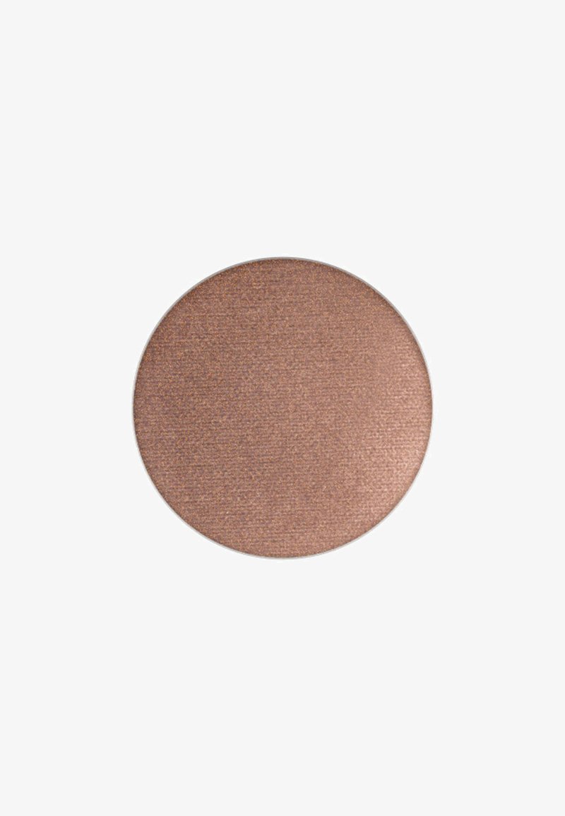 Rundes Lidschatten-Pfännchen in einem schimmernden Bronze-Ton. Gleiche Textur mit einem subtilen Glanz, metallischem Finish und einer fein gemahlenen Oberfläche.