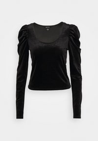 Black velvet long-sleeve top with a scoop neckline and gathered puff sleeves. Smooth texture with a fitted silhouette.