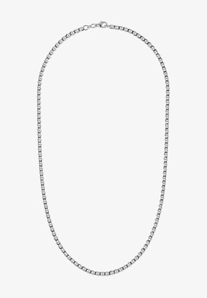 Collana in argento con maglie intrecciate, di larghezza uniforme, texture liscia e chiusura a gancio. La lunghezza consente un facile utilizzo.