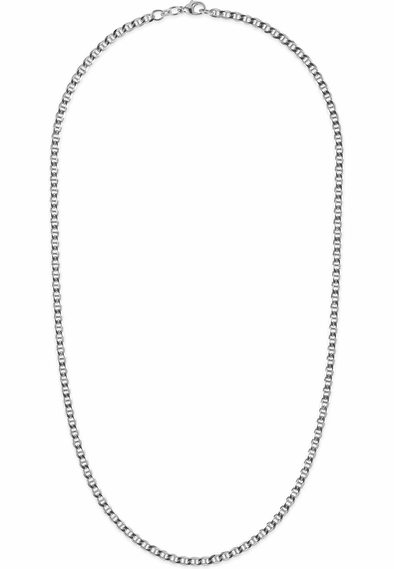 Collana in argento con maglie intrecciate, di larghezza uniforme, texture liscia e chiusura a gancio. La lunghezza consente un facile utilizzo.