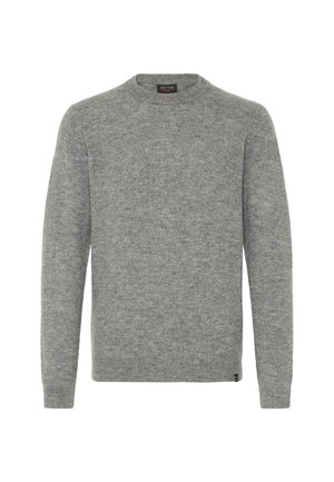 Szürke kötött pulóver, kerek nyakkivágás, hosszú ujjú, bordás mandzsettákkal és hemével, puha anyagból készült, minimális dizájn, minta vagy kiegészítések nélkül.