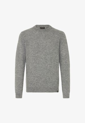 Szürke kötött pulóver, kerek nyakkivágás, hosszú ujjú, bordás mandzsettákkal és hemével, puha anyagból készült, minimális dizájn, minta vagy kiegészítések nélkül.