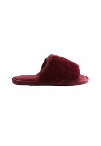 Bordeaux fuzzy slideslipper med åbent tådesign, blød tekstur og en polstret sål, med en let hævet pelsdetalje.