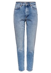 Jeans de mezclilla azul claro de tiro alto, con un ajuste slim, diseño de cinco bolsillos y cremallera, que presentan sutiles desgastes y detalles de costura.