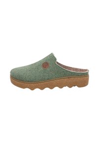 Green felt clogs with a textured upper, brown lining, and a wavy cork-like sole. Features a circular logo on the side.