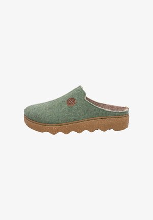 Green felt clogs with a textured upper, brown lining, and a wavy cork-like sole. Features a circular logo on the side.