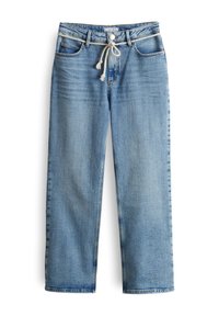 Lichtblauwe denim jeans met een relaxed fit, voorzien van een trekkoord in de taille, vijf zakken en subtiele vervaging op de stof.
