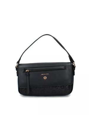 Borsa in pelle nera con finitura liscia e tasca frontale con zip. Presenta una sezione inferiore texturizzata e accenti in metallo dorato.