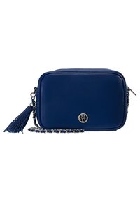 Borsa a tracolla in pelle blu con forma rettangolare, hardware argentato, tracolla a catena e dettagli con nappina. Presenta un logo sul davanti.