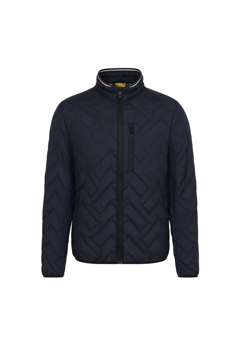 Marineblau gesteppte Jacke mit hohem Kragen, Reißverschluss vorne und Zickzackmuster. Verfügt über eine Brusttasche mit Reißverschluss und elastischen Bündchen.