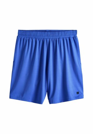 Blaue Sportshorts mit elastischem Bund und strukturiertem Stoff, mit einem kleinen schwarzen Logo-Patch am unteren rechten Bein.