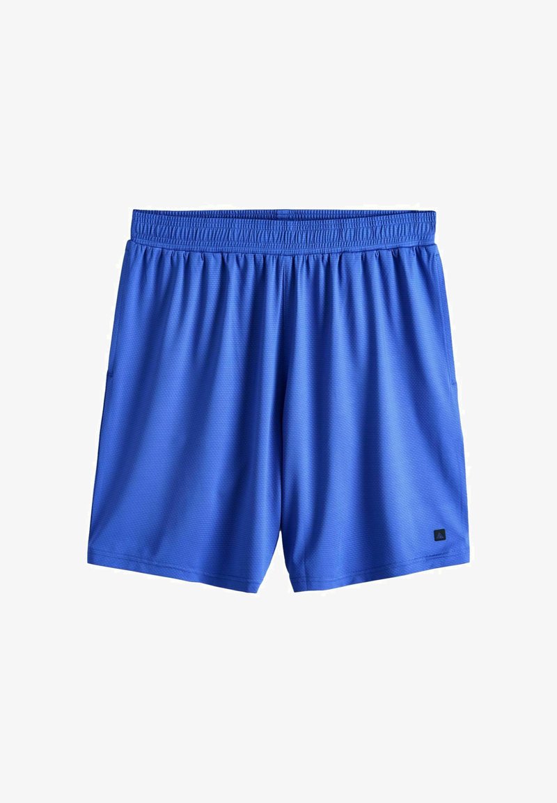 Shorts de sport bleus avec taille élastique et tissu texturé, comportant un petit patch logo noir sur le bas de la jambe droite.