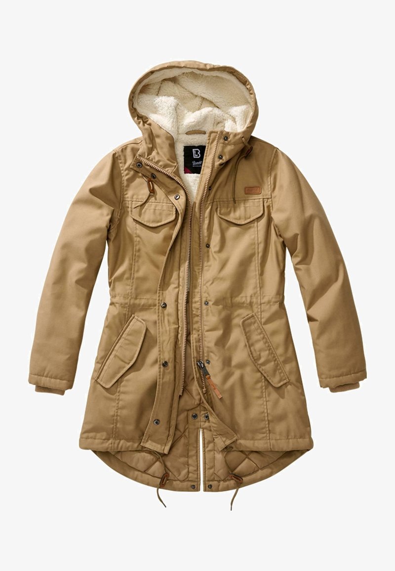 Parka marron avec capuche, doublure intérieure douce blanche, fermeture éclair frontale et plusieurs poches de rangement.
