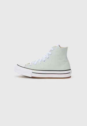 Hoge sneakers in lichtgroene canvas met witte veters, zwart-wit gestreepte middenzool en rubberen teengedeelte. Textuurdetail op het achterpaneel.