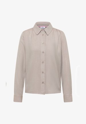Chemise à manches longues beige clair en tissu doux, avec un col classique, une fermeture à boutons à l'avant et une texture subtile avec des poignets repliés.