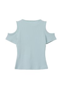 T-shirt bleu clair à côtes avec découpes sur les épaules et manches courtes. Texture douce avec une coupe ajustée, idéale pour une tenue décontractée.