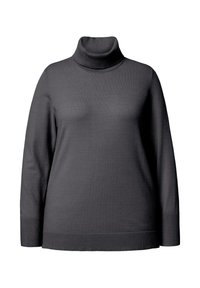 Maglione a dolcevita grigio scuro realizzato in materiale morbido, con maniche lunghe e dettagli a texture nei polsini e nell'orlo.